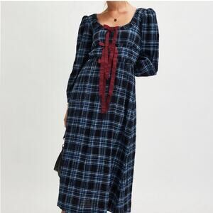 Damson Madder Dakota Blue Plaid Bow Tie Midi Dress Puff Sleeve Sz 6UK / 2 US